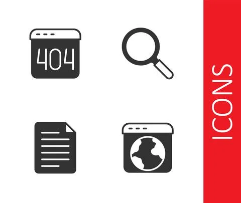 Set Worldwide, Page with a 404 error, File document and Magnifying glass icon Stock Illustration
