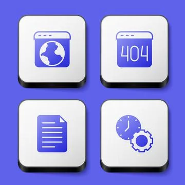 Set Worldwide, Page with a 404 error, File document and Time management icon Stock Illustration