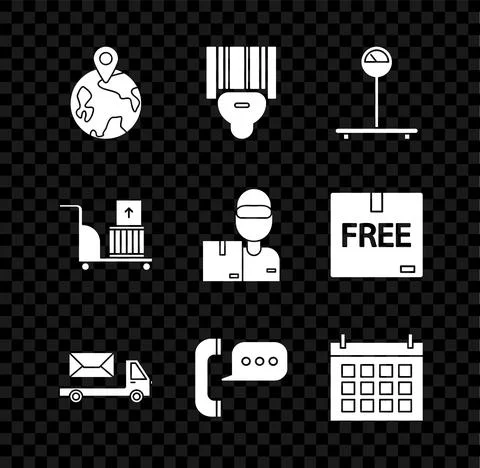 Set Worldwide, Scanner scanning bar code, Scale, Post truck, Telephone with Stock Illustration