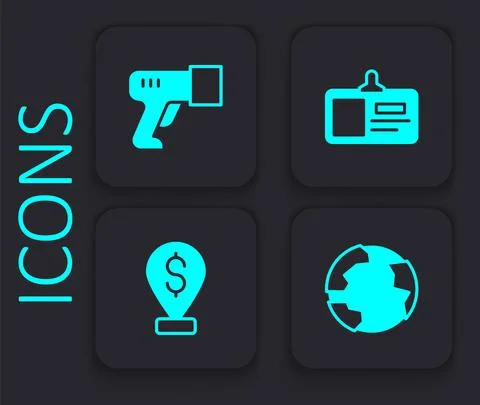 Set Worldwide, Scanner scanning bar code, Identification badge and Cash location Stock-Illustration