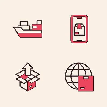 Set Worldwide shipping, Cargo with boxes delivery, Mobile app tracking and Un Stock-Illustration