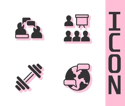 Set Worldwide, Two sitting men talking, Dumbbell and Training, presentation icon Stock Illustration