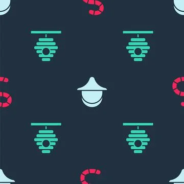 Set Worm, Beekeeper hat and Hive for bees on seamless pattern. Vector Stock Illustration