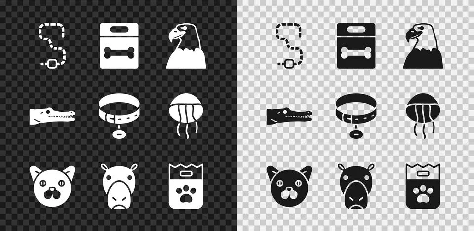 Set Worm, Dog bone, Eagle head, Cat, Hippo Hippopotamus, Bag of food, Crocodile Illustrazione stock