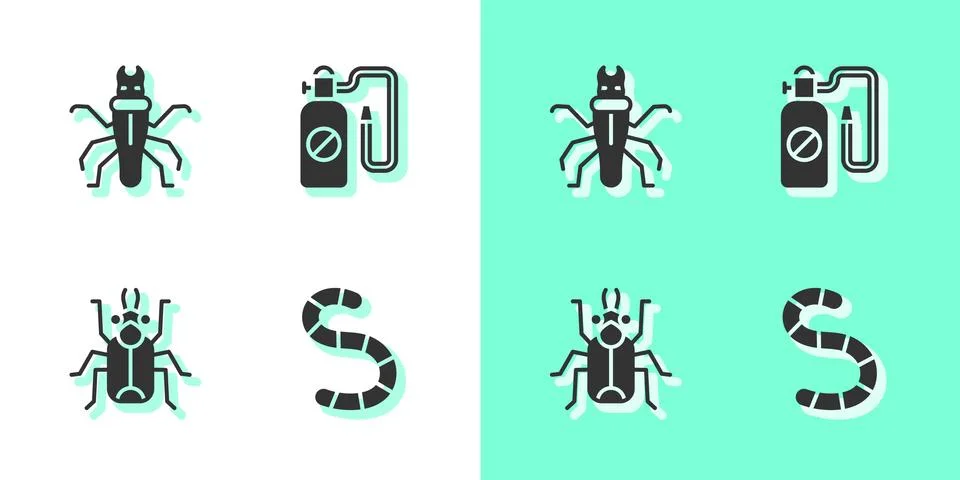 Set Worm, Termite, Beetle bug and Pressure sprayer icon. Vector Stock Illustration