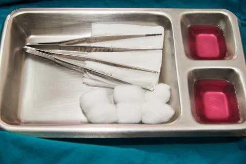 A set of wound dressing on the silver tray Stock Photos