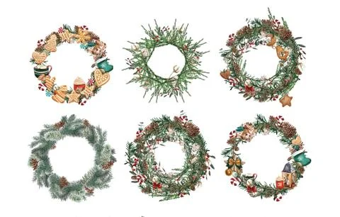 Set of Wreath with pine branches and red berries, cotton and pine cones. Round Stock-Illustration