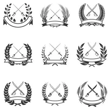 Set of the wreaths with swords. Design elements for logo, label, Stock Illustration