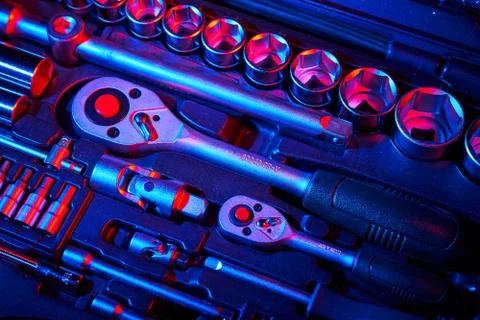 A set of wrench and adapters with the bits in the suitcase Stock Photos