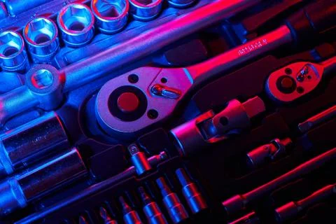 A set of wrench and adapters with the bits in the suitcase Stock Photos
