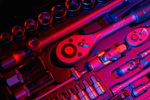 A set of wrench and adapters with the bits in the suitcase Stock Photos