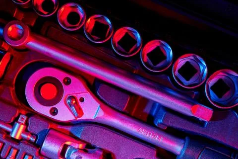 A set of wrench and adapters with the bits in the suitcase Stock Photos