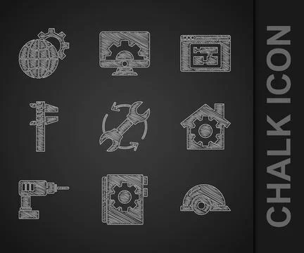 Set Wrench and arrows as workflow, User manual, Worker safety helmet, House with Stock Illustration