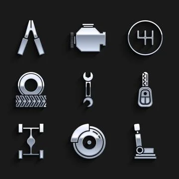 Set Wrench Car brake disk with caliper seat key remote Chassis car wheel Gear Stock Illustration