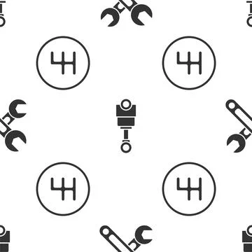 Set Wrench, Engine piston and Gear shifter on seamless pattern. Vector Stock Illustration