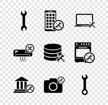 Set Wrench, Mobile Apps service, Laptop, Bank building, Photo camera, Air c.. Ilustración de archivo