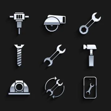 Set Wrench spanner, and arrows as workflow, Mobile service, Hammer, Worker Stock Illustration