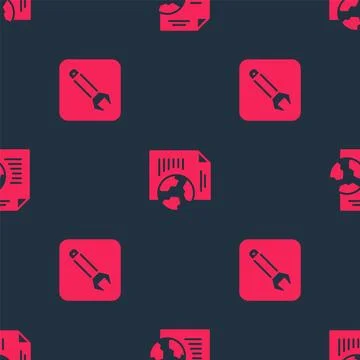 Set Wrench spanner and Earth globe with document on seamless pattern. Vector Illustrazione stock