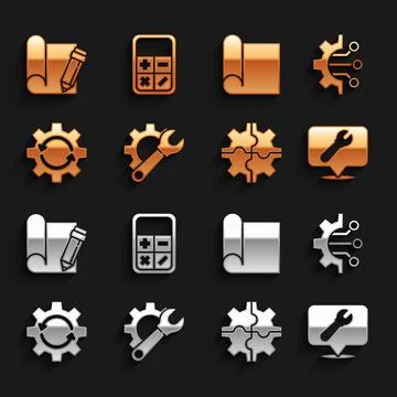 Set Wrench spanner and gear, Algorithm, Location with wrench, Gear, arrows as 스톡 일러스트