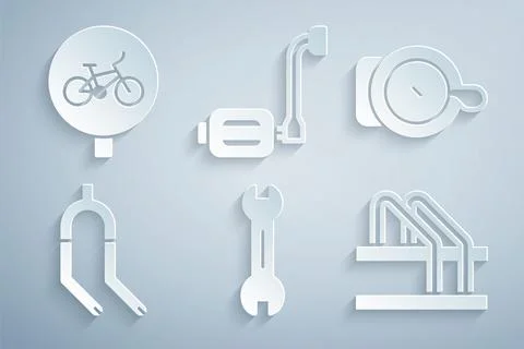 Set Wrench spanner, Bicycle bell, fork, parking, pedal and  icon. Vector Stock Illustration