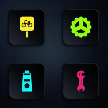 Set Wrench spanner, Bicycle parking, Sunscreen cream tube and sprocket crank Stock Illustration