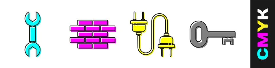 Set Wrench spanner, Bricks, Electric plug and Old key icon. Vector 스톡 일러스트