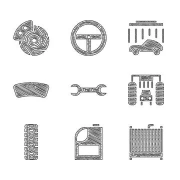 Set Wrench spanner, Canister for motor machine oil, Car radiator cooling system Stock Illustration