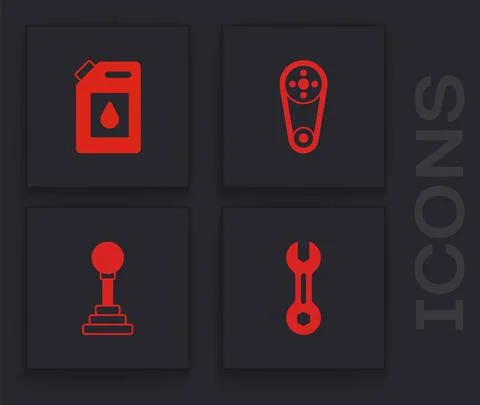 Set Wrench spanner, Canister for motor oil, Timing belt kit and Gear shifter Stock Illustration