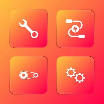 Set Wrench spanner, Car battery jumper power cable, Timing belt kit and Gear Stock Illustration