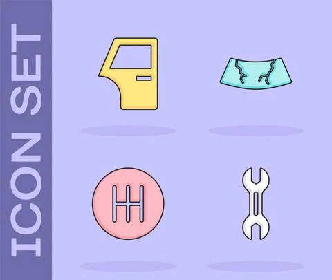 Set Wrench spanner, Car door, Gear shifter and Broken windshield icon. Vector Stock Illustration