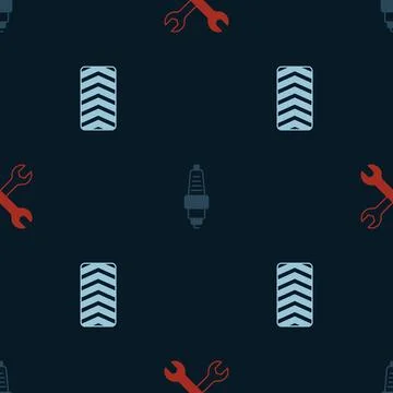 Set Wrench spanner, Car spark plug and tire wheel on seamless pattern. Vector Illustrazione stock