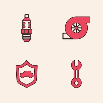 Set Wrench spanner, Car spark plug, Automotive turbocharger and with shield.. Stock Illustration