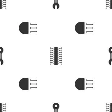 Set Wrench spanner, Car tire wheel and High beam on seamless pattern. Vector Illustrazione stock