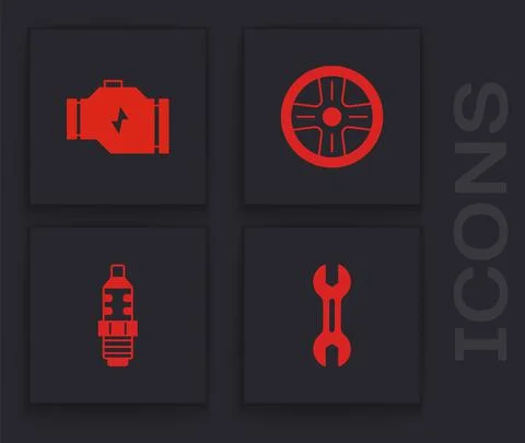 Set Wrench spanner, Check engine, Alloy wheel and Car spark plug icon. Vector 스톡 일러스트