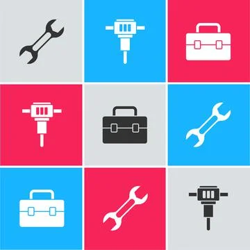 Set Wrench spanner, Construction jackhammer and Toolbox icon. Vector Stock Illustration