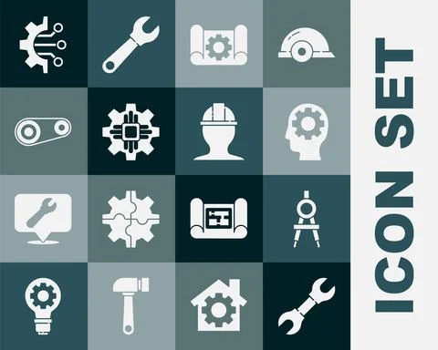 Set Wrench spanner, Drawing compass, Human head with gear inside, Graphing paper 스톡 일러스트