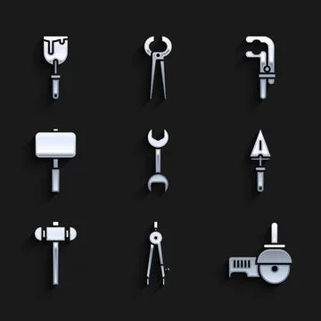 Set Wrench spanner, Drawing compass, Angle grinder, Trowel, Sledgehammer, Cla Illustration