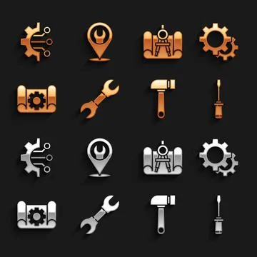 Set Wrench spanner, Gear, Screwdriver, Hammer, Graphing paper and gear, compass 스톡 일러스트