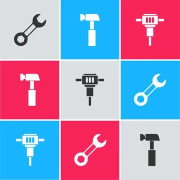 Set Wrench spanner, Hammer and Construction jackhammer icon. Vector Stock Illustration