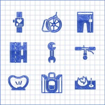 Set Wrench spanner, Hiking backpack, Bicycle on street ramp, handlebar Illustration