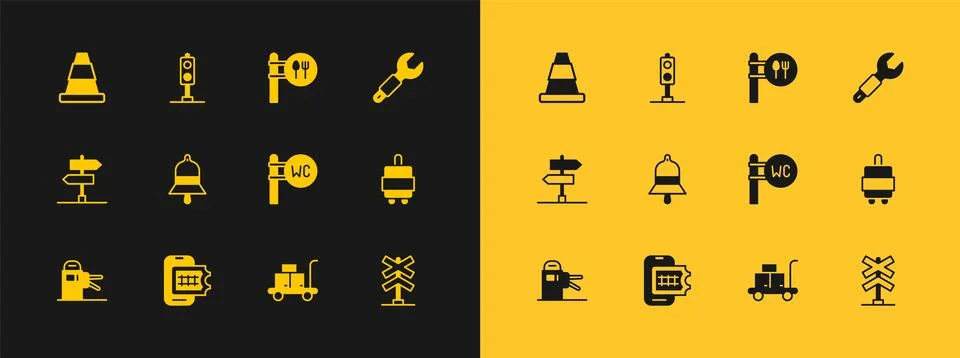 Set Wrench spanner, Online ticket booking, Toilet, Trolley suitcase, Train .. Stock Illustration