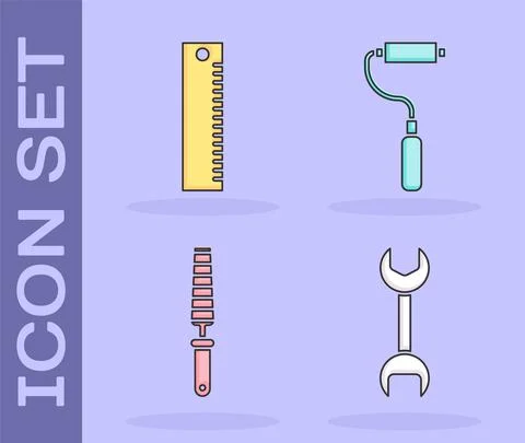 Set Wrench spanner, Ruler, Chisel tool for wood and Paint roller brush icon Stock Illustration