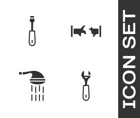 Set Wrench spanner, Screwdriver, Shower and Broken pipe icon. Vector Stock Illustration