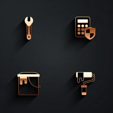 Set Wrench spanner, Security keypad access panel, Paint bucket and roller brush 스톡 일러스트