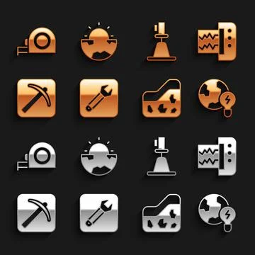 Set Wrench spanner, Seismograph, Global planet with bulb, Ground, Pickaxe Stock Illustration