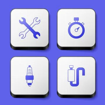 Set Wrench spanner, Stopwatch, Car spark plug and muffler icon. White square Illustrazione stock