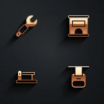 Set Wrench spanner, Ticket office to buy tickets, Railway barrier and Cable car Stock Illustration