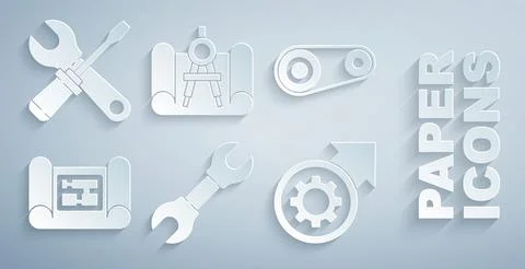 Set Wrench spanner, Timing belt kit, House plan, Gear and arrows as workflow Illustrazione stock