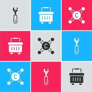 Set Wrench spanner, Toolbox and Water tap icon. Vector Illustrazione stock
