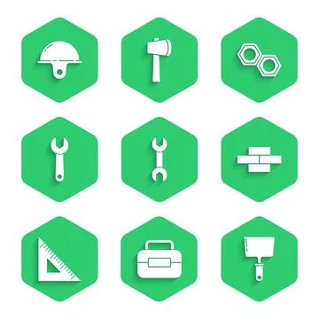 Set Wrench spanner, Toolbox, Putty knife, Bricks, Triangular ruler, Hexagonal イラスト素材